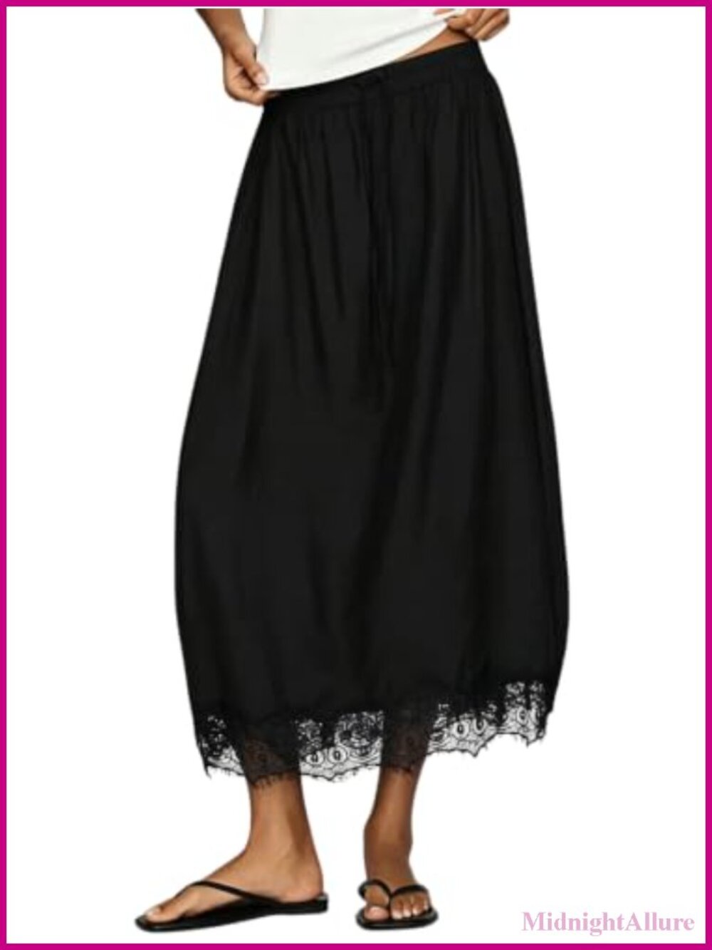 Midi Skirt High Waist with Pockets Lace Hem A-Line Casual Rayon Nylon